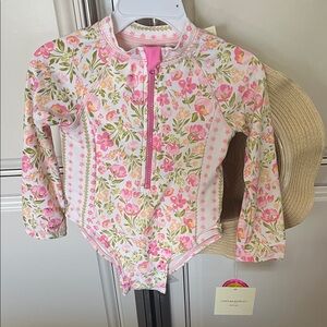 Cynthia Rowley Pink Floral Kids Rashguard Swimsuit with hat UPF 50